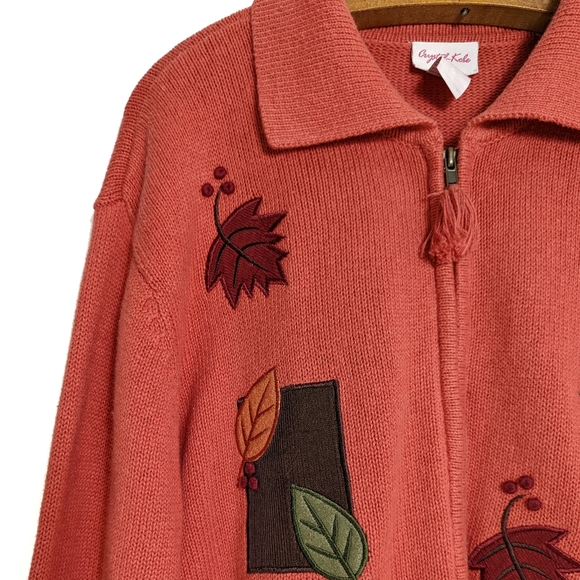 Vintage Fall Leaves Cardigan Sweater Crystal Kobe Salmon Sz M - Picture 3 of 10